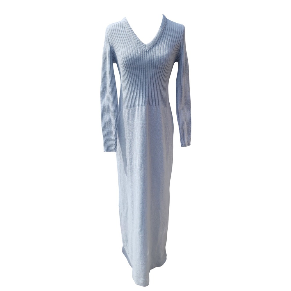 Vintage Light Blue Ribbed V-Neck Knit Long Sleeve Maxi Sweater Dress Size S